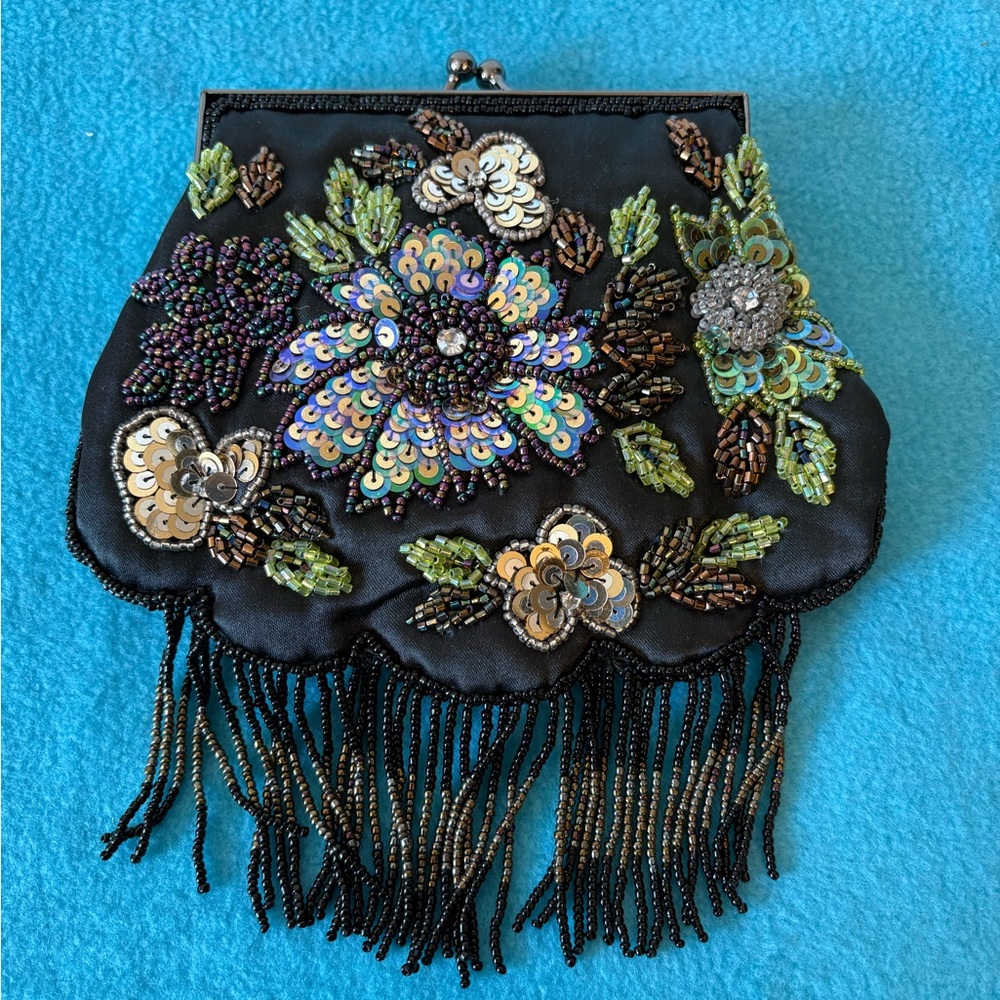 Floral Beaded Black Clutch